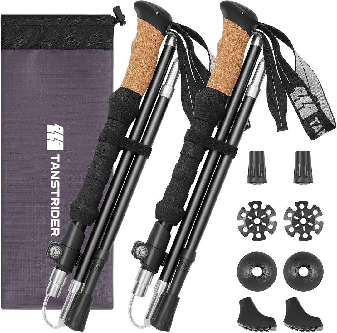 Collapsible Hiking Poles Folding Trekking Poles Walking Stick Lightweight Aluminum Hiking Gear with Metal Quick Lock,Cork Handle,Adjustable 2 PC Stick for Seniors Women Men (Black)