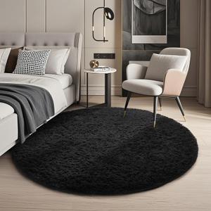 Ophanie Round Rug 4Ft Black Circle Area Rug, Room Decor for Men, Fluffy Fuzzy Bedroom Carpet, Plush Soft Shaggy Living Room Rugs for Kids Home Decor Aesthetic, Nursery
