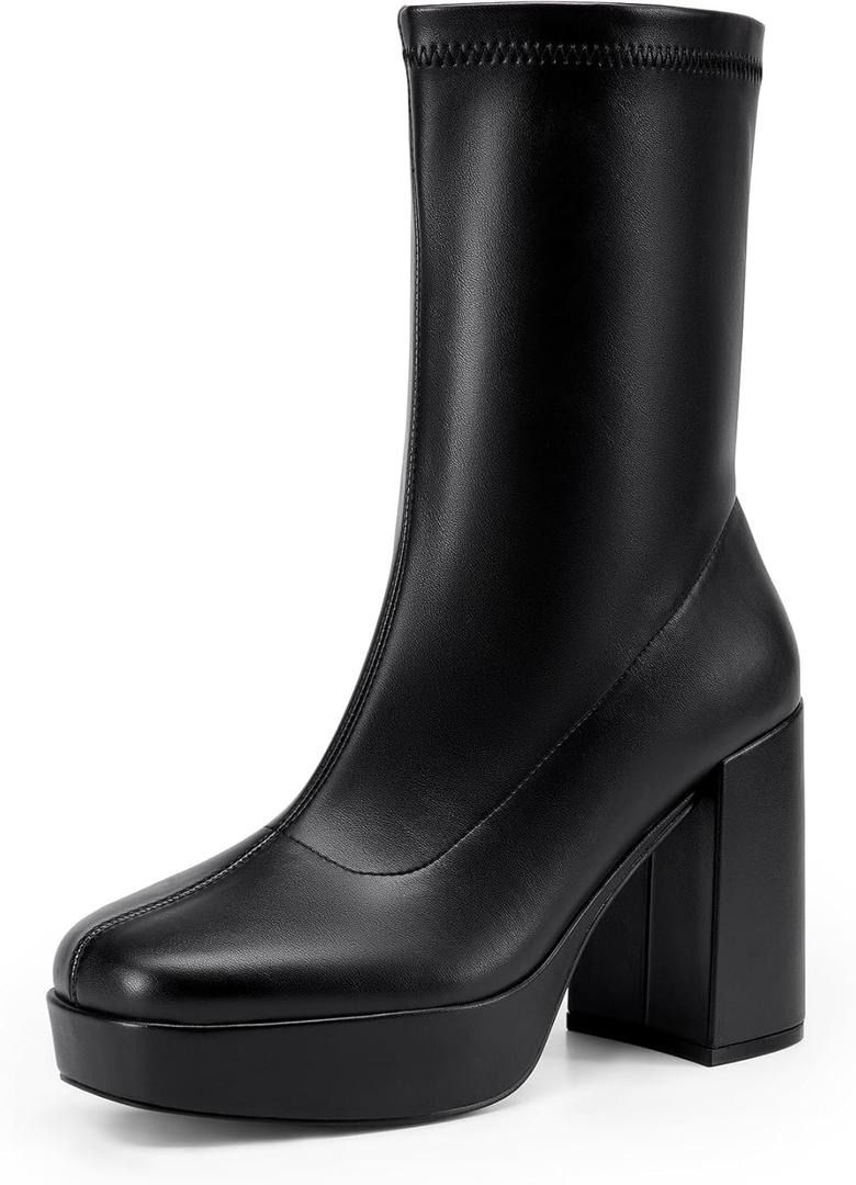 DREAM PAIRS Women's Mid Calf Gogo Boots Platform High Chunky Block Heel Square Toe Ankle Boots, Size 8, BLACK-PU, SDMB2410W