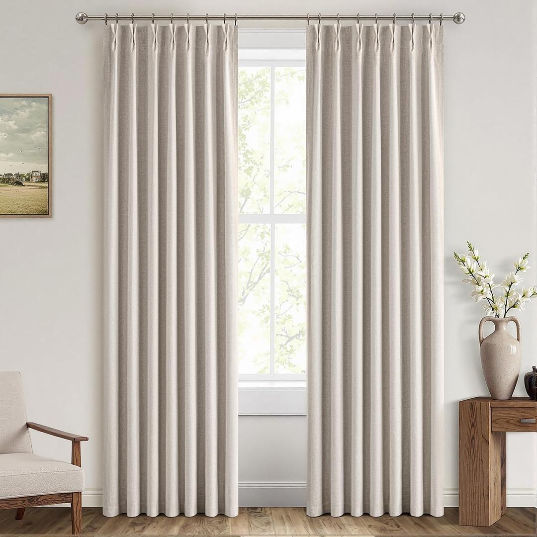 MIULEE 90 Inches Long Pinch Pleated Curtains Blackout, Linen Pinch Pleat Curtains with Hooks for Bedroom, Thermal Insulated Soundproof Window Drapes for Living Room Track, 2 Panels Natural Linen