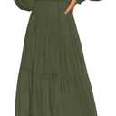 ZESICA Women's Casual Long Sleeve Crew Neck High Waist Smocked Flowy Tiered Midi Dress (X-Large, Armygreen)