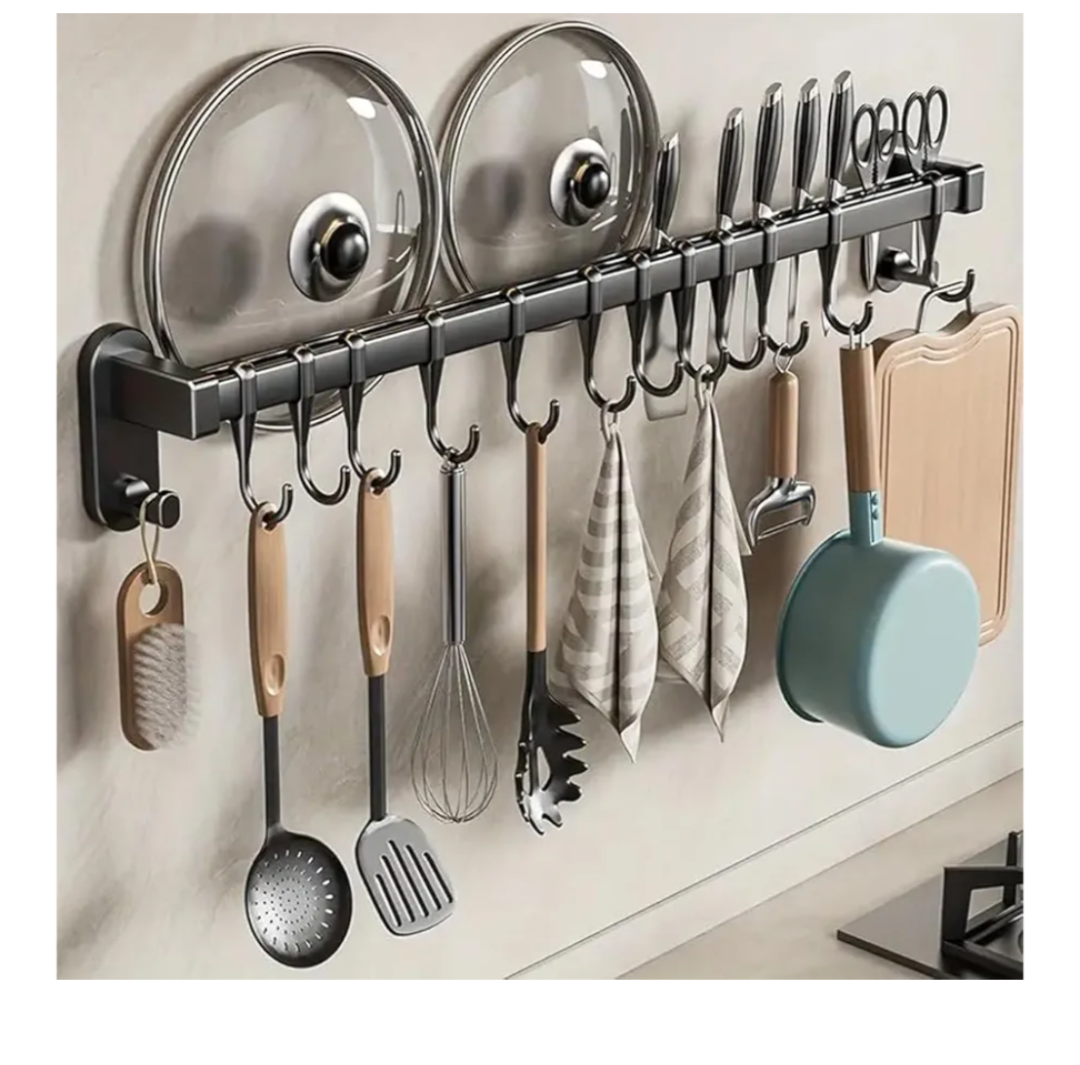 Adhesive Wall Mounted Pot Pan Rack, Kitchen Wall Mounted Detachable Pan Lid Utensils Organizer Hanging Rail with 8 Hooks for Kitchen Bathroom Bedroom,17.7''