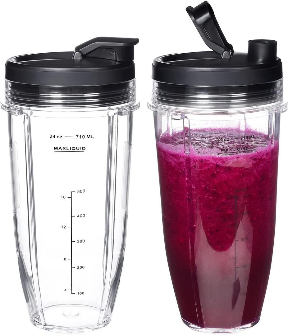 Replacement 24oz Blender Cup For Ninja BN401 BN751 BN801 BN800 BL450 BL456 BL480 Foodi SS401 SS101 TWISTi SS151 SS351 Cups Nutri Ninja Auto IQ Parts Lids Upgraded (2 Pack)