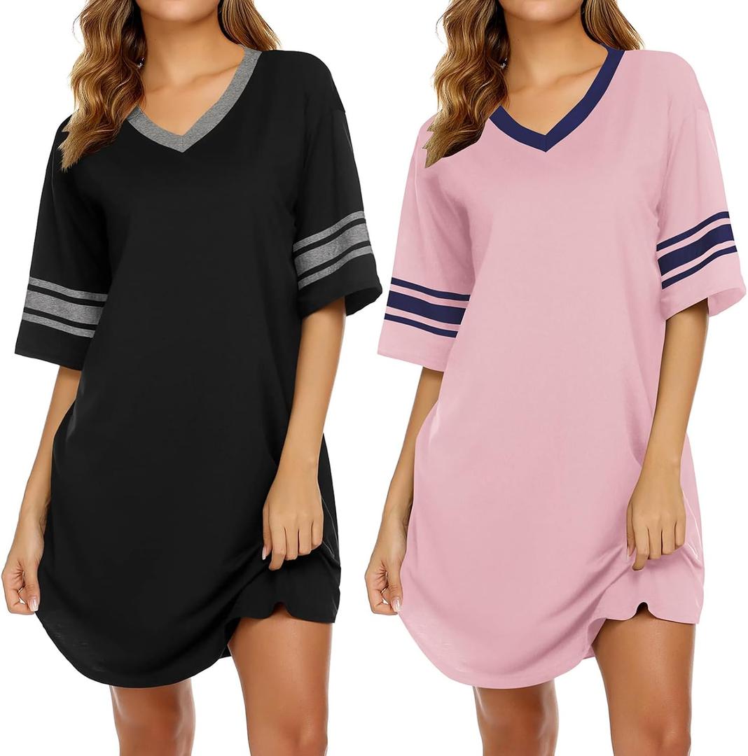 Ekouaer Nightgowns for Women 2 Pack Sleepshirts Short Sleeve Nightshirt V Neck Sleepwear Casual Pajama Dress (M)