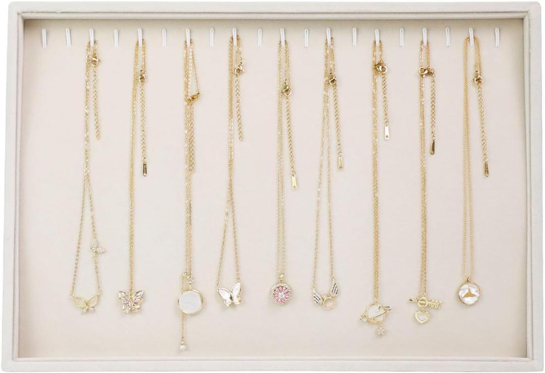 Stratalife Necklace Organizer Stackable Jewelry Organizer 20 Hooks Large Jewelry Tray Necklaces Holder Bracelet Storage for Women Girls Velvet (Beige Necklace Tray)
