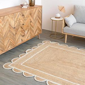 Scalloped Natural Jute Area Rug, Natural Base Off White Trim, 4x6 (4' x 6' (Rectangular))