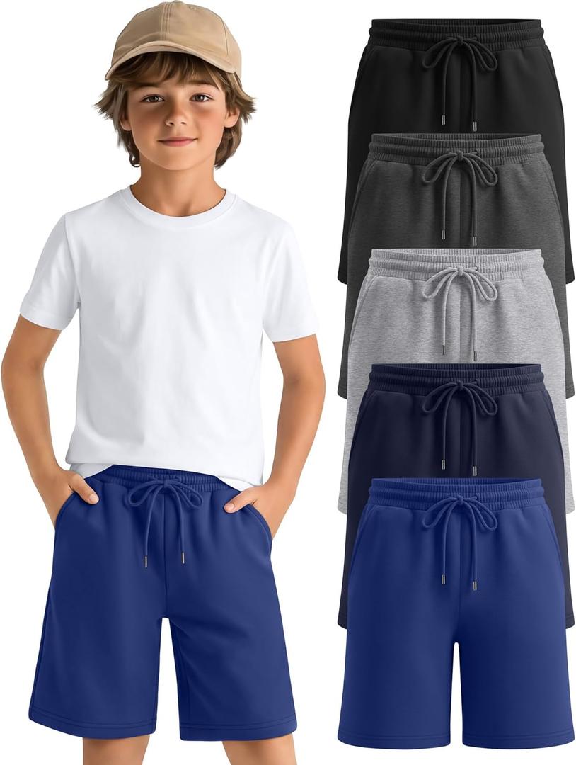 5 Pack Boys Shorts Kids Athletic Shorts Teen Casual Summer Bermuda Shorts Drawstring Joggers with Pockets for Size: 9-10 Years