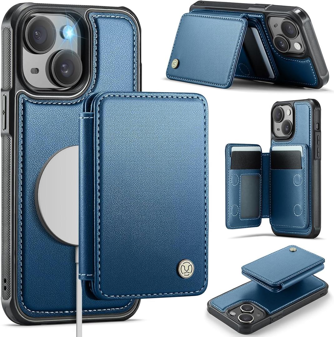 Compatible with Magsafe for iPhone 15 Plus Wallet Case Magnetic Card Holder, RFID Blocking 2 in 1 Detachable Kickstand Shockproof Case for Women Men, Blue