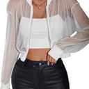 WDIRARA Women's Zip Up Glitter Mesh Bomber Jacket Drop Shoulder Long Sleeve Coats (Large, White)