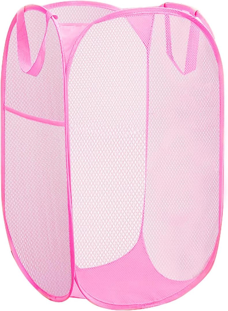 Portable Mesh Pop Up Laundry Hamper Pink Vertical Collapsible Laundry Basket With Strong Handles for Easy Storage, Suitable for Bedroom, College Dorms, Travel, RV