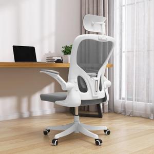 Office Chair Ergonomic Desk Chair with Lumbar Support&Headrest&Flip-up Arms Height Adjustable Rocking Swivel High Computer Chair Multi-Angle from 90 to 130 with 350LBS Capacity (02White+Grey)