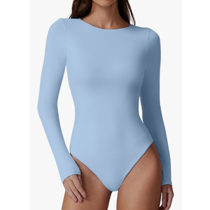 QINSEN Womens Crew Neck Long Sleeve Bodysuit Double Lined Body Suits Basic T-Shirt Tops ,Size L