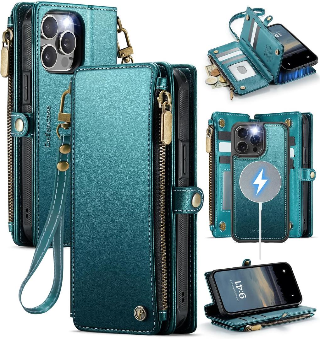 Defencase for iPhone 15 Pro Max Magnetic Wallet Case Compatible with Magsafe with RFID Blocking Zipper Strap Card Holder for Women, PU Leather Detachable Case for iPhone 15 Pro Max (6.7"), Blue Green