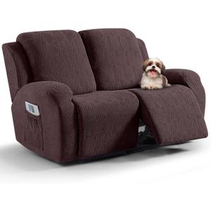 VANSOFY Recliner Loveseat Cover, 6-Pieces Stretch Dual Recliner Sofa Cover Soft Jacquard Reclining Couch Slipcover Furniture Protector with Elastic Bottom for Kid, Pets(2 Seat,Dark Coffee)