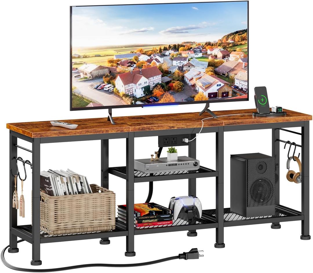 Furologee TV Stand with Power Outlets, Entertainment Center with Open Storage Shelves for TVs up to 55 Inch, Media Console Table with Soundbar Shelf for Living Room, Bedroom, Rustic Brown