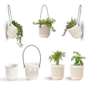 Melphoe 3.5 Two-Piece Succulent Planters Pots with Drainage, Flexible Removable Handle, Flower Pots for Mini Plants, Small Hanging Planter for Wall, Window, 6 PCAK, White