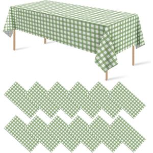 12Pack Sage Green Plastic Checkered Tablecloth, Premium Decorative Disposable Sage Green Gingham Plaid Table Cloths for Parties, Rectangle Party Table Cover for Picnic Birthday Wedding, 54x108 Inch