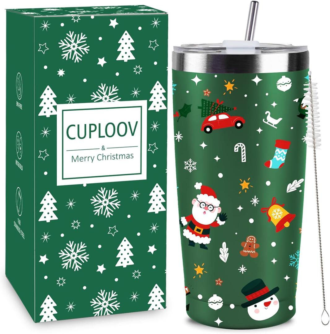 Christmas Gifts for Women 2025, 20 oz Green Stainless Steel Christmas Coffee Tumblers with Lid and Straw, Insulated Coffee Travel Mug, Best Xmas Themed Gifts for Women Men Girls Teachers Coworkers