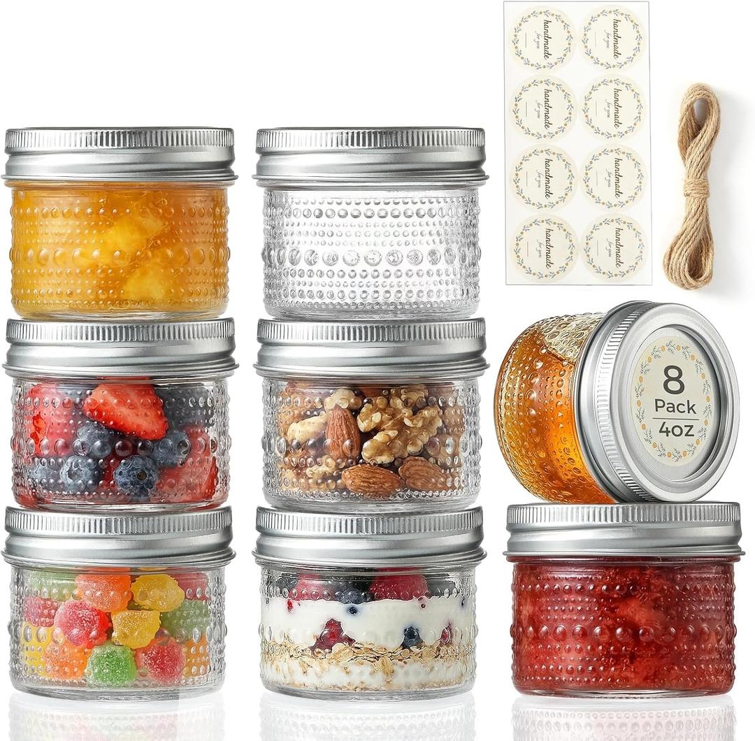 8 Pack Small Glass Jars with Lids - 4oz Vintage Embossed Mini Mason Jars ,Regular Mouth Mason Canning Jar with Seal Bands for Jam, Honey, Jelly, Dessert, Spice, Wedding Favors, DIY Candles Decor
