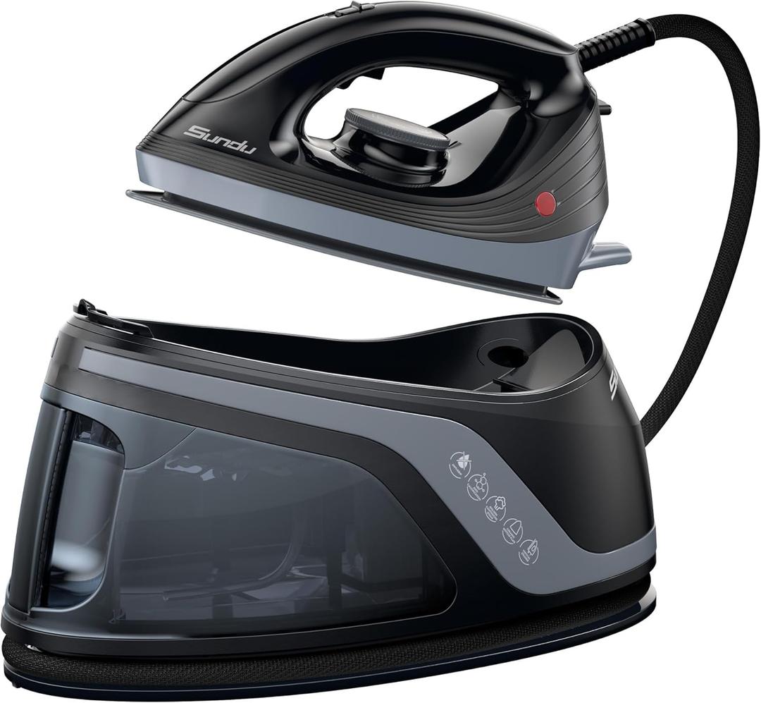 Sundu Iron Steamer for Clothes,1600W Steam Station Professional Steam Iron For Clothes with 44 oz Tank, 400 microsteam holes, Built-In Pump, Ceramic baseplate,Iron Lock For Easy Carry (Dark Black)
