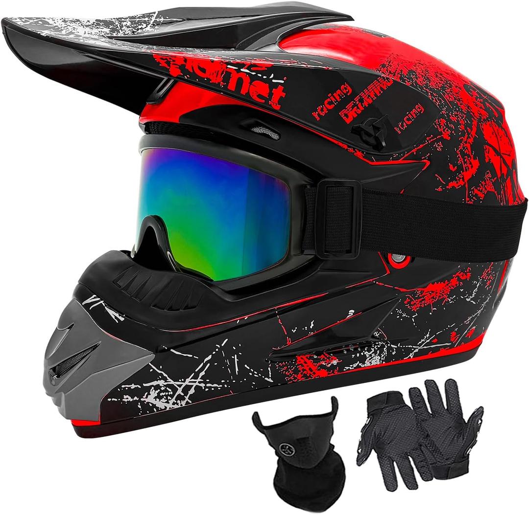 Youth Dirt Bike Helmets Fashion Kids Children Motocross, Motorcycle, BMX, ATV, Off-Road, Four Wheeler, Moutain Bike Full Face Helmets Dot Approved (Goggles Gloves Faceshield)