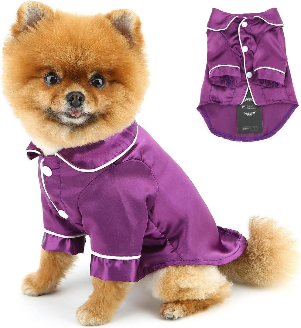 Soft Faux Silk Sleepwear for Small Dogs Cats Lapel Doggie Loungewear Lightweight Breathable Puppy Pajamas PJS Two-Legged Pet Shirt Clothes Summer Spring Chihuahua Apparel Button Up,Purple,XSS