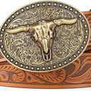 Cowboy Belt Western Belts for Men Women Cowgirl Rodeo Large Bull Buckle Western Leather Belt for Jeans (for Wasit 28"-32", Brown)