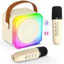 Mini Karaoke Machine for Kids Adults, TOP Toy Gift Bluetooth Karaoke Speaker with 2 Wireless Microphones, LED Party Lights, AUX/USB/TF- Christmas Birthday Gifts for Girls Boys Ages 3-12+, Beige