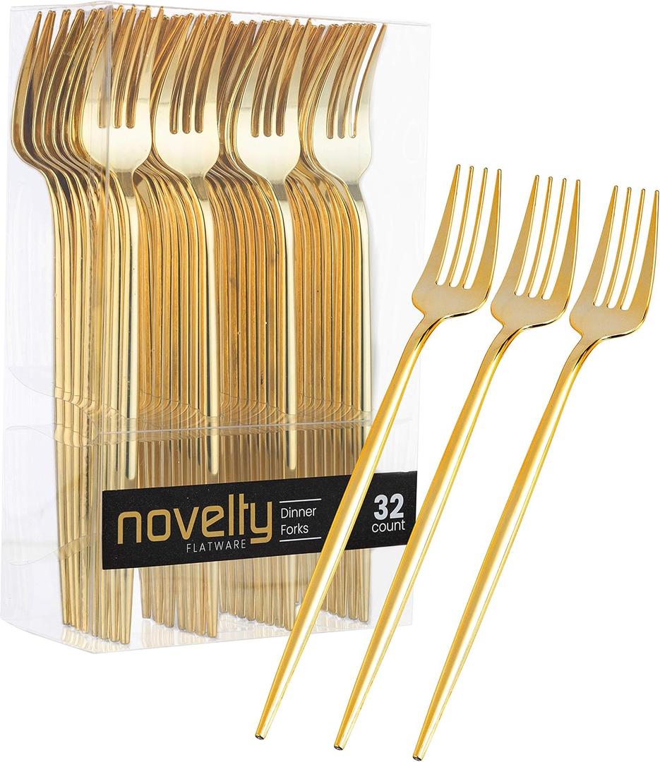Novelty Modern Flatware, Cutlery, Disposable Plastic Dinner forks Luxury Gold 32 Count