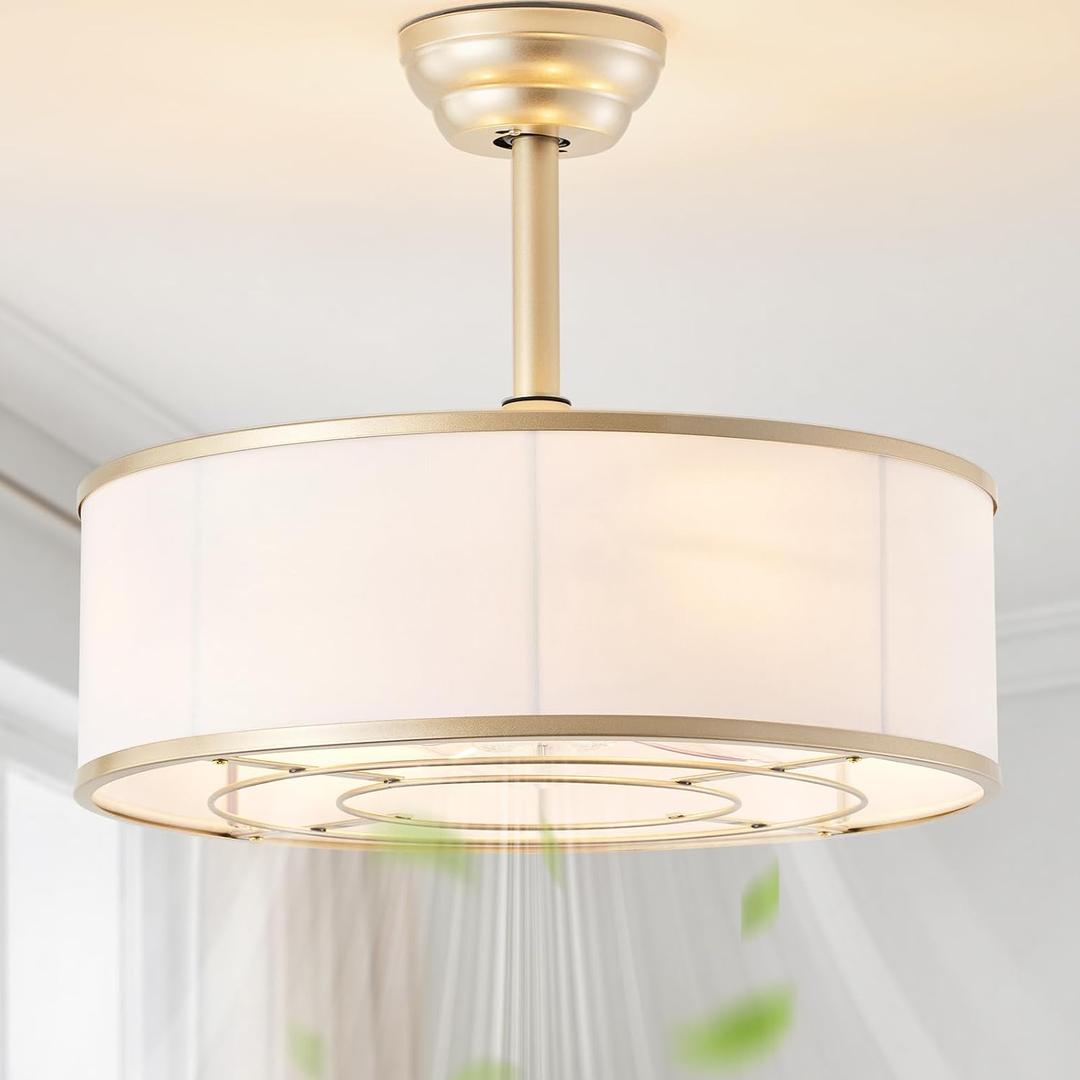 20" Gold Fandelier Ceiling Fan with Light, Caged Boho Ceiling Fans with Lights Remote Control, Bladeless Chandelier with Fans for Bedroom, Living Room, Nursery