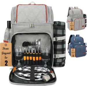 Rnoony Picnic Backpack for Camping, Picnic Basket for with Insulated Cooler Bag and Bottle Pouch,Camping Gifts for Couples with Lightweight Blanket and Cutlery Set for Family, Couple and Hiking