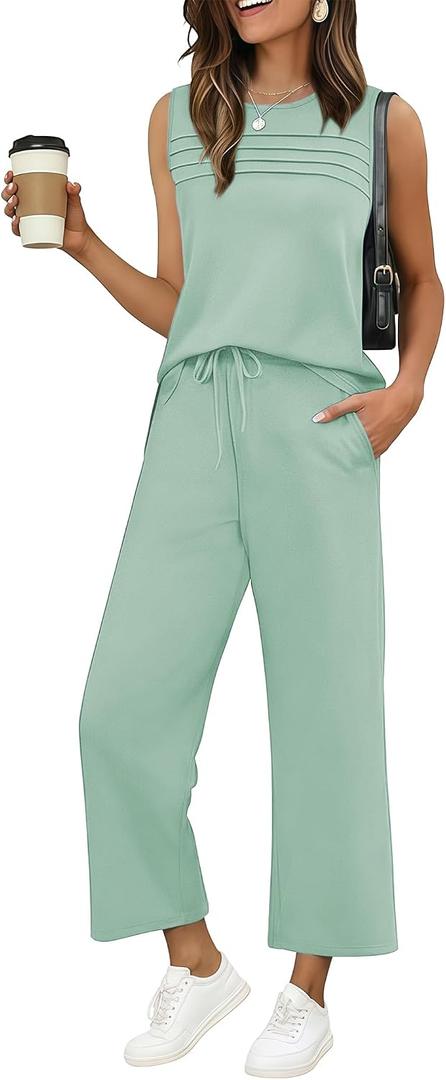 Ekouaer Womens Two Piece Lounge Sets for Summer Sleeveless Top Wide Leg Pants Matching Sets Airport Travel Outfit Red Small
