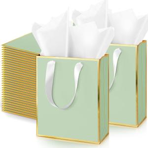 Yeaqee 50 Pack Metallic Gift Bags with Handle and Tissue Paper Gold Foil Thank You Bag for Graduation Wedding Groomsmen Bridal Baby Shower Gifts Holiday Party Favors 9x7x3.15'' (Sage Green)
