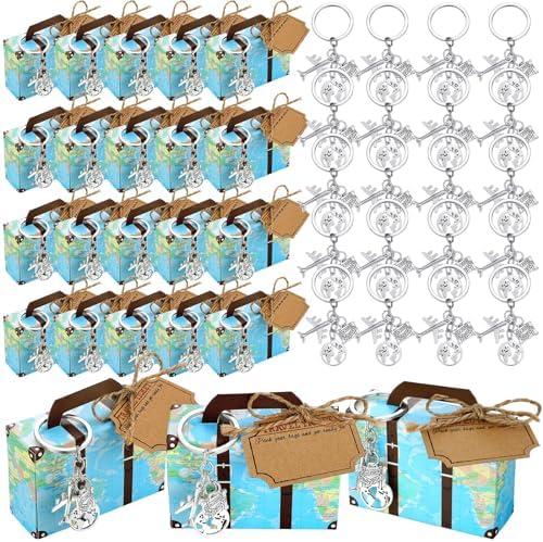 Singhoow 36 Set World Map Mini Suitcase Party Favor Box with Earth Airplane Keychains Mini Suitcase Favors Candy Box with Travel Ticket for Travel Themed Party Wedding Bridal Shower Decorations