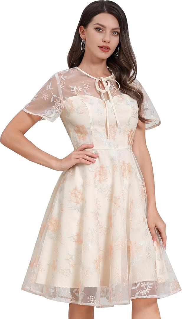 Mesh Embroidery Floral Dress for Women Short Sleeve Cocktail Tea Party Dress Keyhole Tie Formal Embroidered Tulle Prom Dress (X-Large, Apricot)