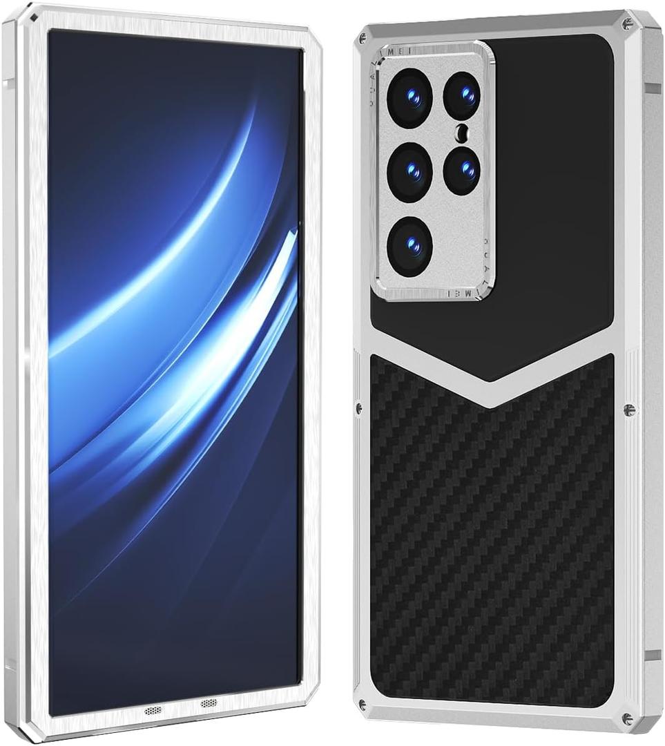 HUALIMEI Luxury Carbon Fiber with Aluminum Case for Samsung Galaxy S24 Ultra, Military Shockproof Protective Phone Cover Full Body Heavy Duty Protection for Men Silver