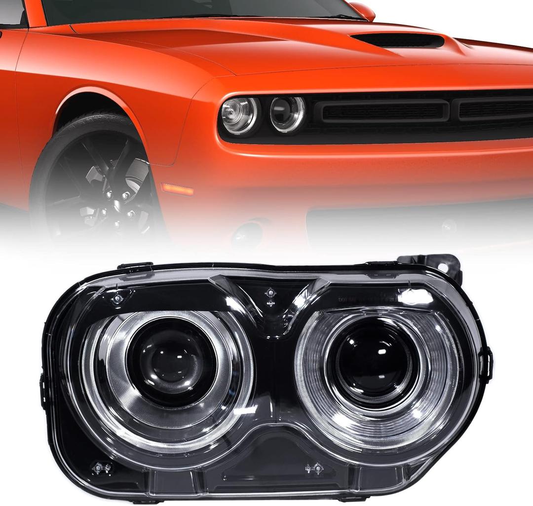 Headlight Assembly Compatible with Dodge Challenger (Halogen Model) 2015 2016 2017 2018 2019 2020 2021 Headlamp with Black Housing Replacement Right Passenger Side (RH) 68174064AF CH2503267