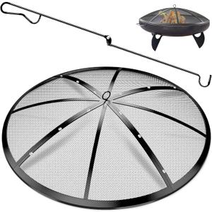 Fire Pit Spark Screen, 24Inch Fire Pit Lid Outdoor with Handle & Poker, Heavy-Duty Mesh Firepit Cove with 12 Reinforced Bars for Backyard/Beach/RV Camping