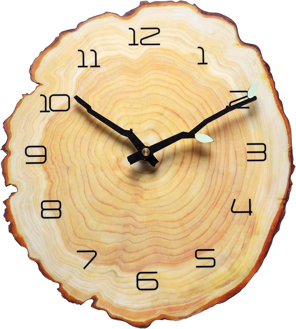 12 Inch Annual Ring Wall Clock - Wood Grain Stump Clock with Arabic Numerals - Battery Powered, Silent Quartz Movement - Decorative for Home, Living Room, Office - Size: 10.55"W x 11.88"H