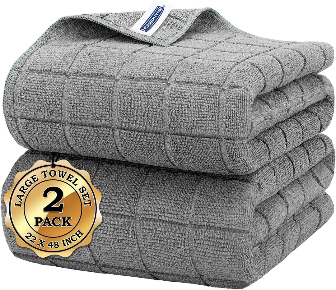 Microfiber Bath Towels 2 Pack (22'' x 48'') - Lightweight Quick Dry Microfiber Fingertip Hand Towels, Soft Absorbent Gym Towels for Yoga, Salon, Camping, Hotel, Bathroom, Spa, Travel & Dog (Grey)