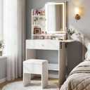 Haewon Small Vanity Desk with Mirror and Lights, Makeup Vanity with Charging Station, Compact Dressing Table Set with Storage Chair, Drawer and Shelves for Bedroom, White