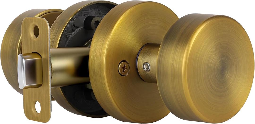 Antique Brass Passage Door Knobs Interior, Old Style Round Door Knob Antique Door Handle for Hallway Pantry Closet Door Knob (1 Pack Passage)