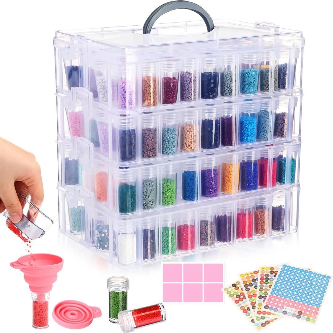 Willinglong 4 Tier Diamond Painting Storage Containers with 208 Grids Diamond Art Storage Bead Organizer Painting Accessories DIY Art Jewelry Craft (Pink)