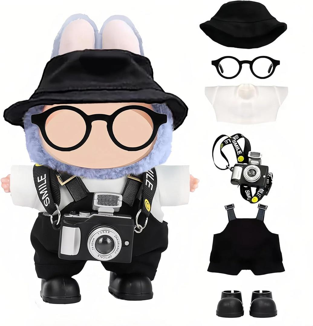 5 x Clothes for LABUBU 17cm Doll (NO Doll) 6-Piece Set, Hat + Overalls + Shirt + Camera + Glasses + Shoes, Outfit for LABUBU, Premium Dolls Accessories for LABUBU (Black)