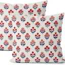 4th of July Pillow Covers 24x24 Inch 2 Pcs Red Blue Block Print Vintage Floral Patriotic Outdoor Decor Throw Pillows Memorial Day Holiday Decoration Pillowcase Linen Cushion Cover for Couch