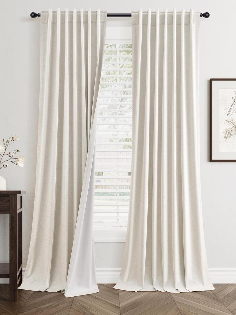 96 Inch Linen Blackout Curtains 2 Panels for Bedroom Living RoomCream Natural 100% Black Out Curtains 96 Inches Long Thermal Noise Reduction Light Blocking Drapes Rustic Country 8ft Back Tab Beige