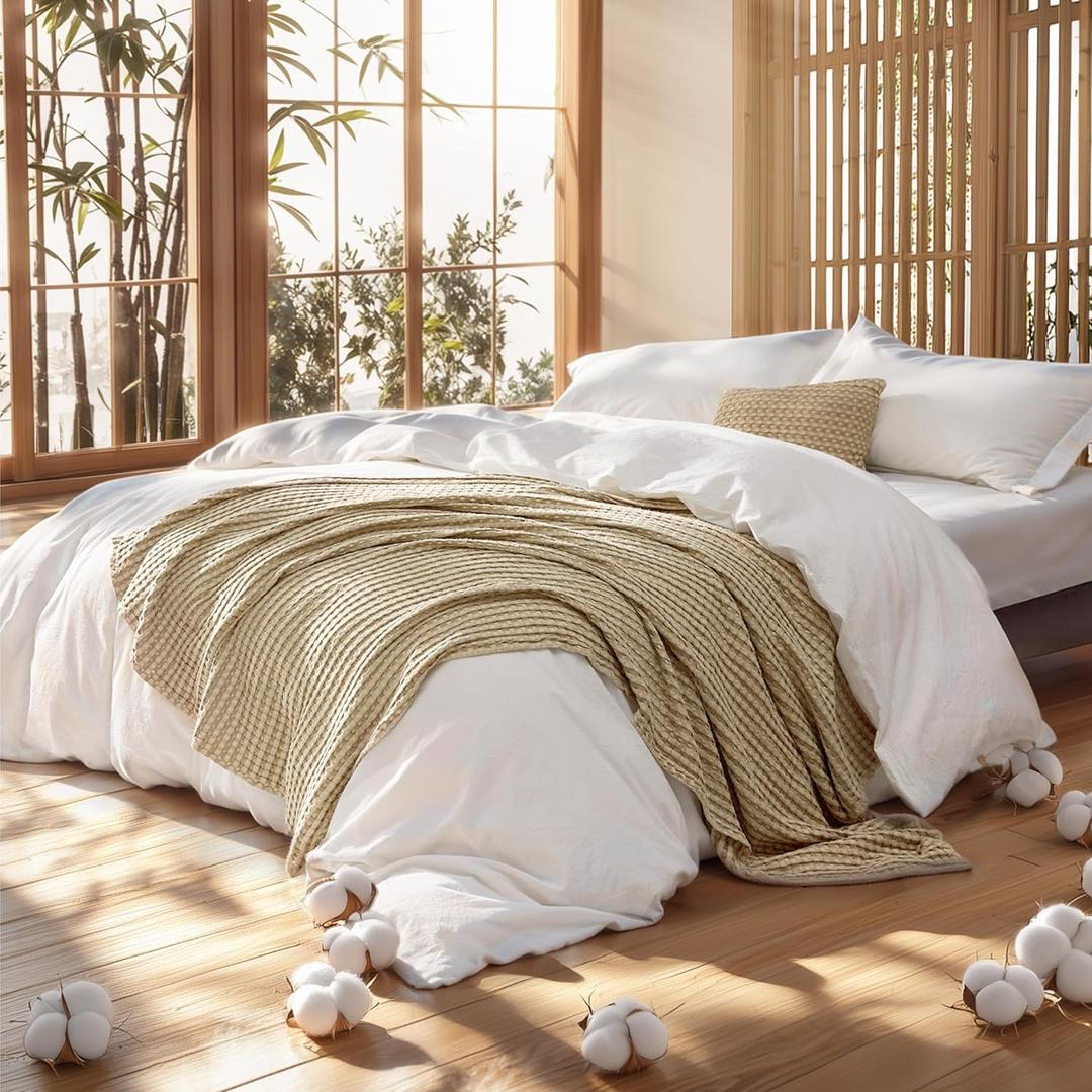 Bedsure 5 Pieces Cotton Comforter Set with Cotton Waffle Throw Blanket - White Queen Comforter, Pillow Shams, Taupe Cooling Blanket of Rayon Derived from Bamboo for Hot Sleepers, Throw Pillow