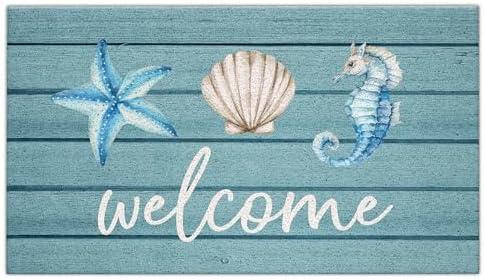 Jvpke Beach Welcome Mat for Front Door, Beach Door Mat, Starfish Seashell Seahorse Beachy Door Mats Indoor Outdoor Entrance Porch, Ocean Beachy Baths Mats for Bathroom, 17x30 Inches