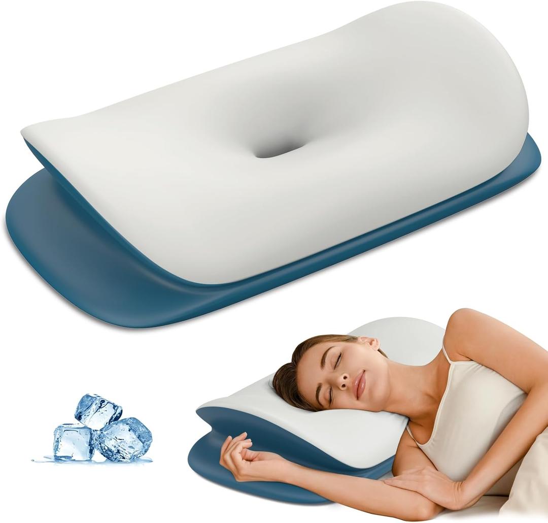 Olumoon Cervical Neck Pillow - Ergonomic Memory Foam Contour Pillows for Side, Back & Stomach Sleepers, Cervical Pillow for Neck Support Sleeping with Breathable Cover (Grey&blue)