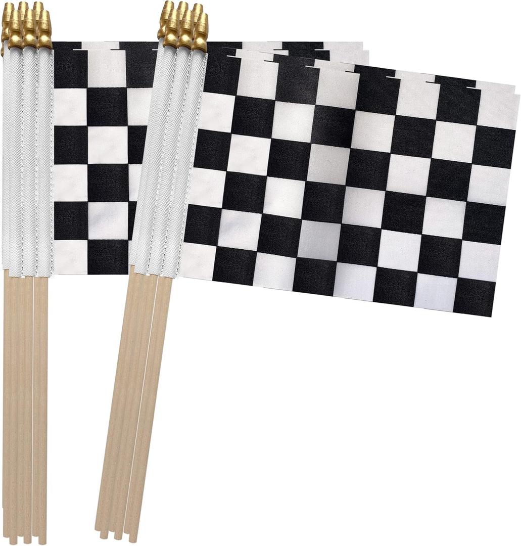 TSMD Checkered Black and White Racing Stick Flag Small Mini Hand Held Race Car Flags Party Decorations, 5x8 Inch, 12 Pack